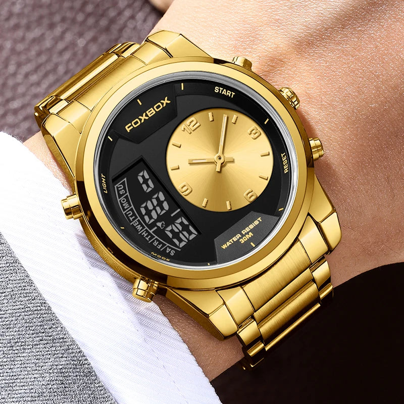 FOXBOX Men Watch Top Brand Original Sports Quartz Mens Watches Full Steel Waterproof Golden Wristwatch Men Relogio Masculino