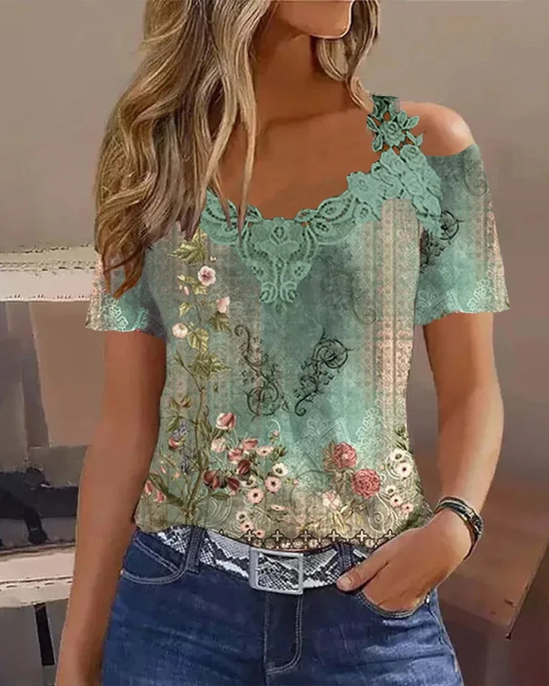 Floral Tribal Print Cold Shoulder Top Women Short Sleeve Summer Spring T Shirt Tops Blouse V Neck