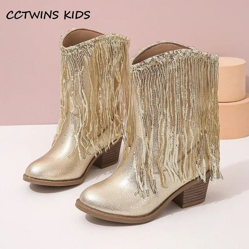 Girls Boots Autumn Winter Toddler Kids Princess Fashion Middle Calf Cowboys Boot Children High Heel Tassel Dance Soft Sole Shoes