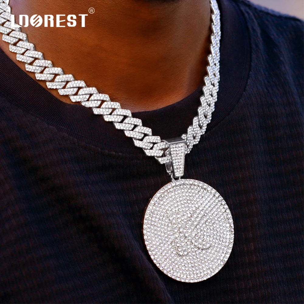 New A-Z Letters Round Pendant Necklaces Men Women Iced Out 14MM Prong Cuban Chain Hiphop Necklace Fashion Charm Jewelry