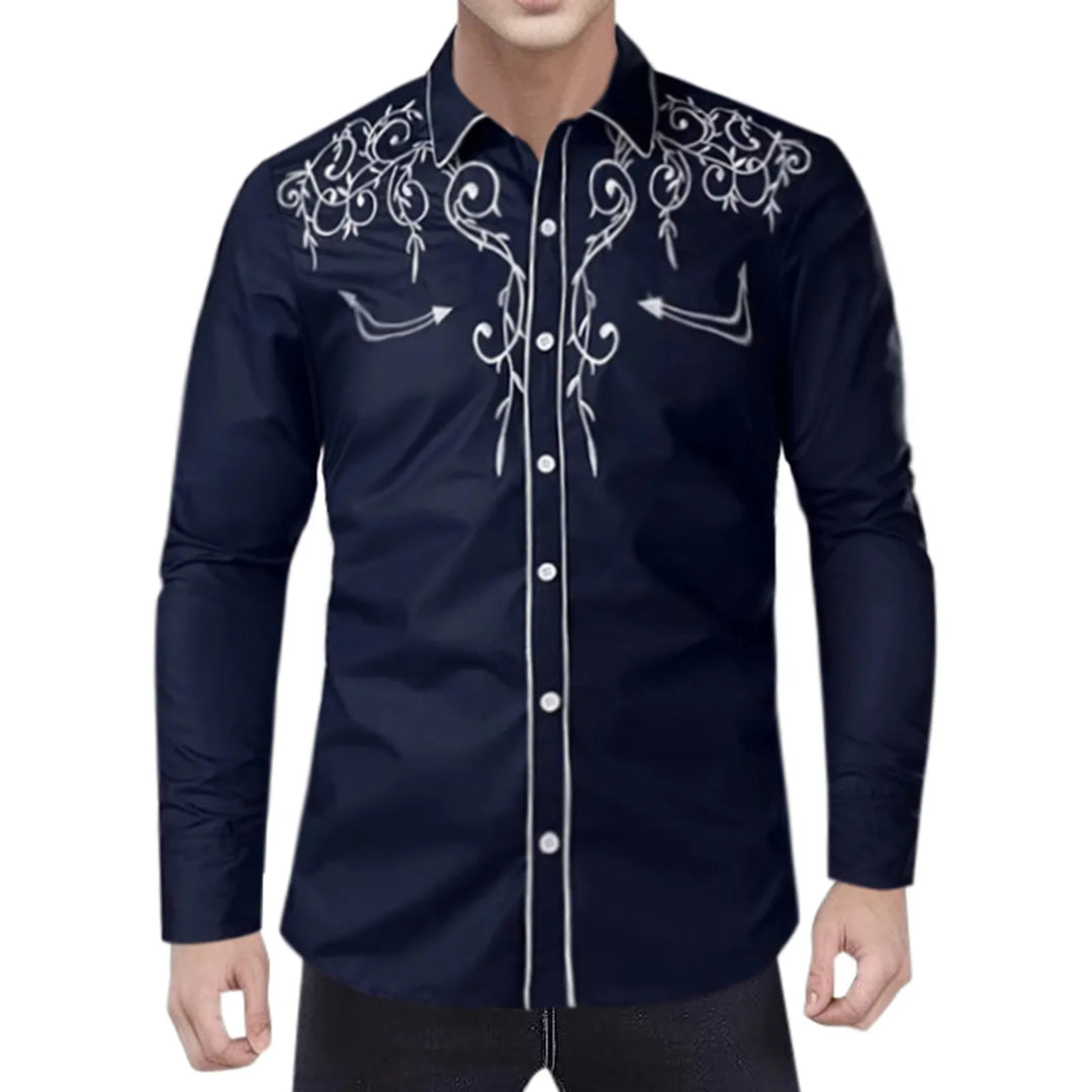 Stylish Western Cowboy Shirt Men Brand Design Embroidery Slim Fit Casual Long Sleeve Shirts Mens Wedding Party Shirt for Male