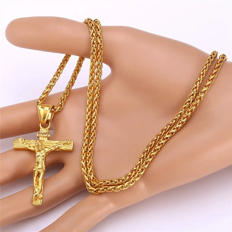 Catholic Retro Golden and Silver Color Cross Pendant Necklace Men and Women Fashion Jewelry Jesus Christ Long Chain Necklaces