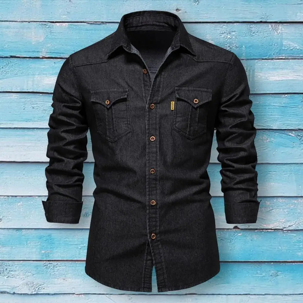 Men Denim Shirt Flap Pocket Turn-down Collar Shirt Long Sleeve Quality Cowboy Shirts Men Casual Slim Fit Mens Designer Clothing