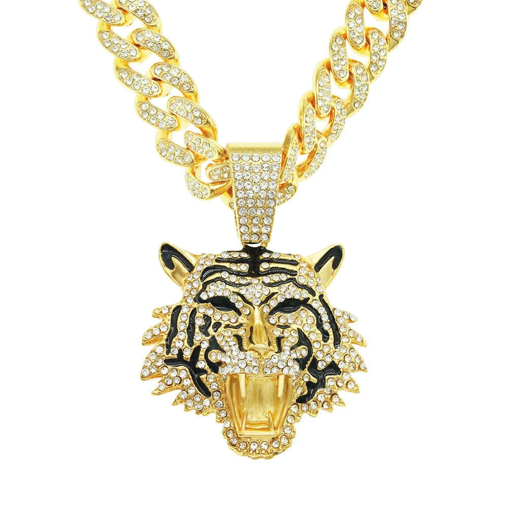 ULJ Men Hip Hop Tiger Head Pendant Necklace with 12mm Miami Cuban Chain Iced Out Bling Male Jewelry