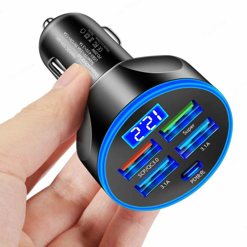 5 Ports 250W Car Charger Fast Charging PD QC3.0 USB C Car Phone Charger Type C Adapter in Car For iphone Samsung Huawei Xiaomi