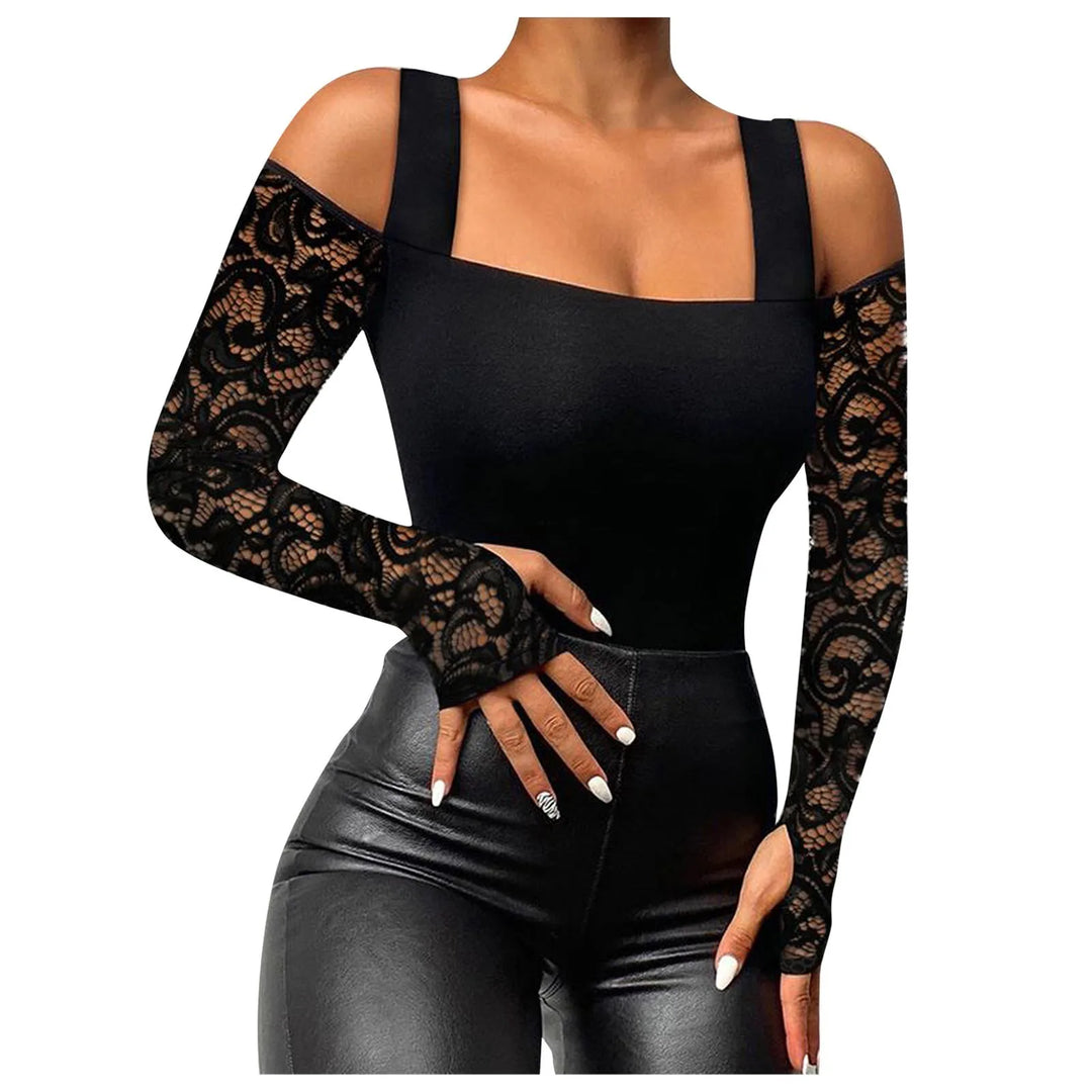 Women'S Long Sleeve Tops Slim Fit Black Splicing Lace Cold Shoulder Sexy T Shirt Casual Fashion All-Match Daily Bottom Shirt