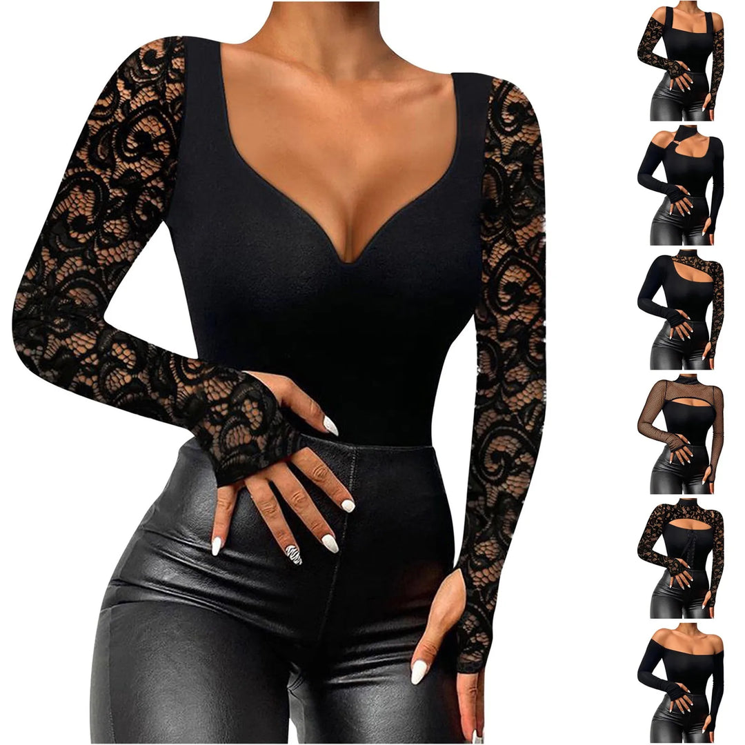 Women'S Long Sleeve Tops Slim Fit Black Splicing Lace Cold Shoulder Sexy T Shirt Casual Fashion All-Match Daily Bottom Shirt