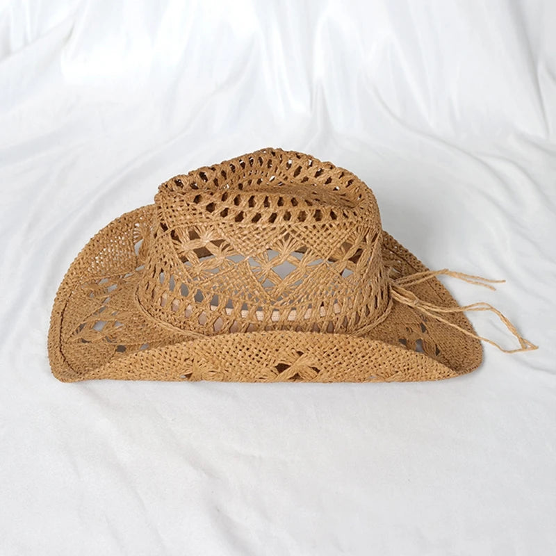 Western Crochet Cowboy Straw Hat Women Men Casual Handmade  Hollow out Cowgirl Hat Solid Color Outdoor Wide Brim Beach Cap