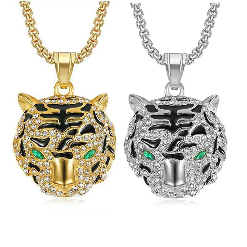 ULJ HIPHOP Jewelry Stainless Steel Color-Preserving NO Rust Gold-plated Rhinestone Tiger Head Pendant Necklace