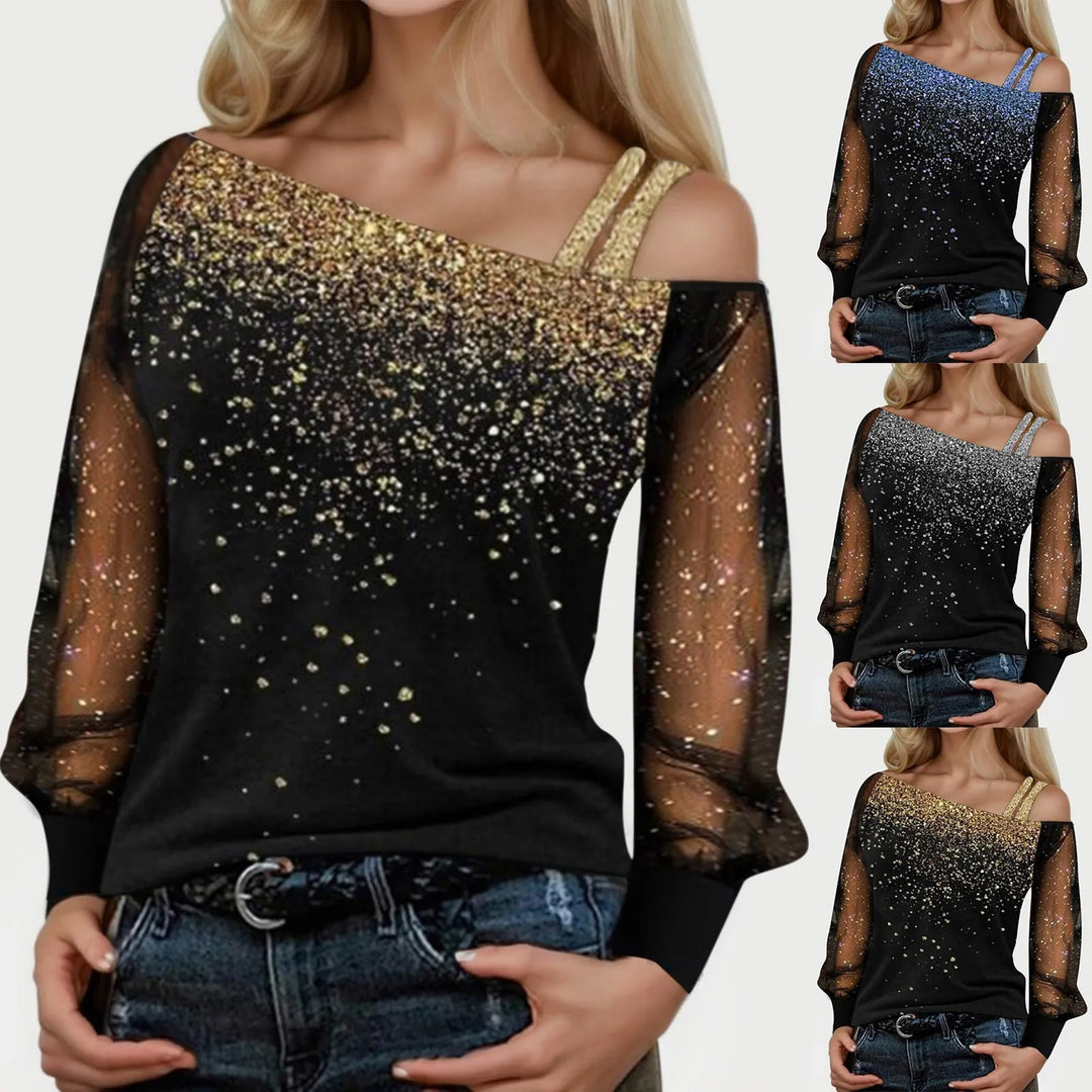 Tee Shirt Women Graphic Sleeve Mesh Cold Tops Loose Shoulder Sequin T Shirt Casual Long Print Womens Camp Shirts Short Sleeve