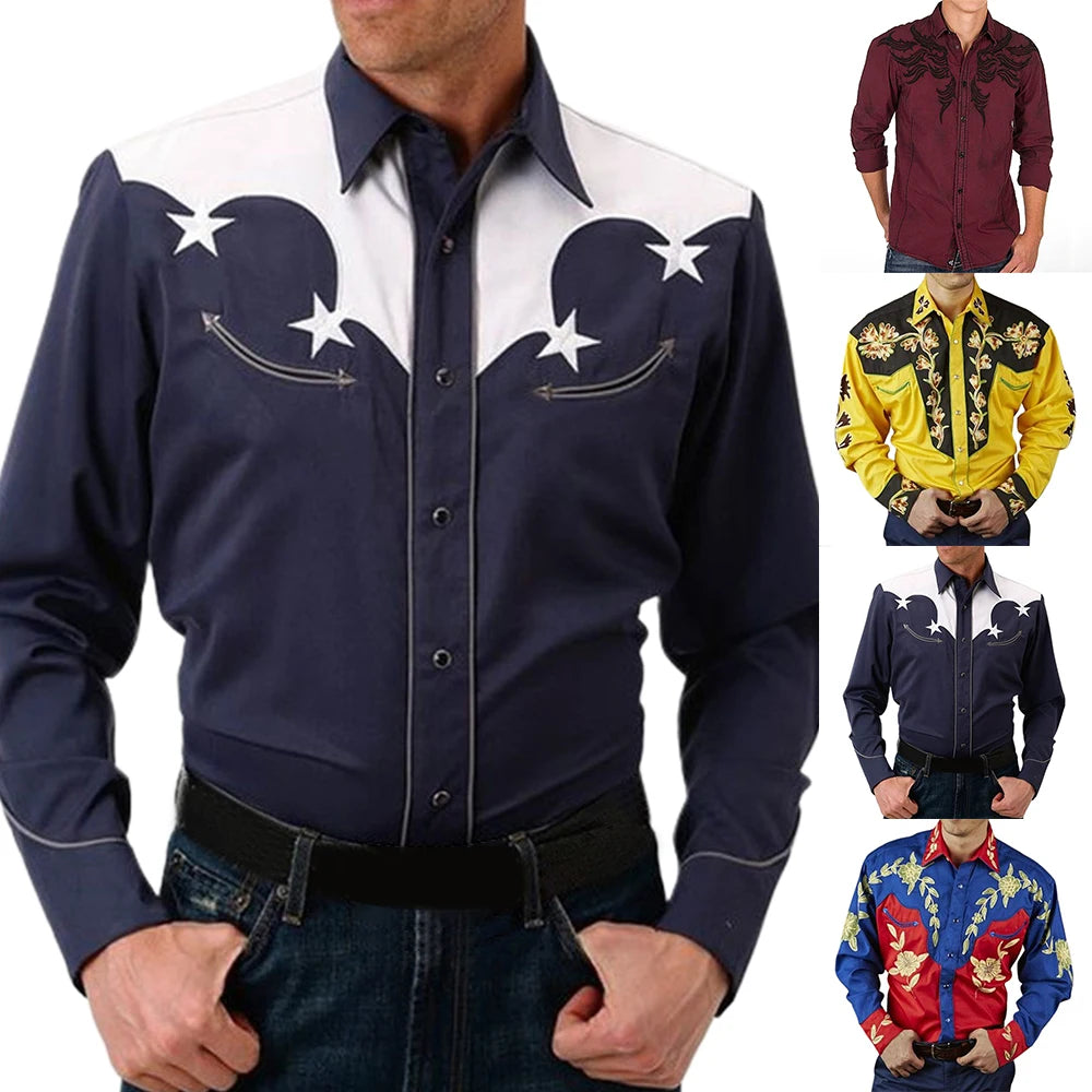 Western Style Men Print Shirts Long Sleeve Casual Loose Slim Button Lapel Collar Shirt And Blouse Tops Men's Clothing