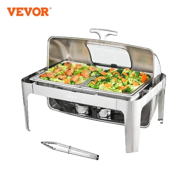 VEVOR 9QT Roll-top Chafing Dish Buffet Set Stainless Steel Chafer w/2 Half Pans Rectangle Catering Warmer w/Lid Fuel Holder