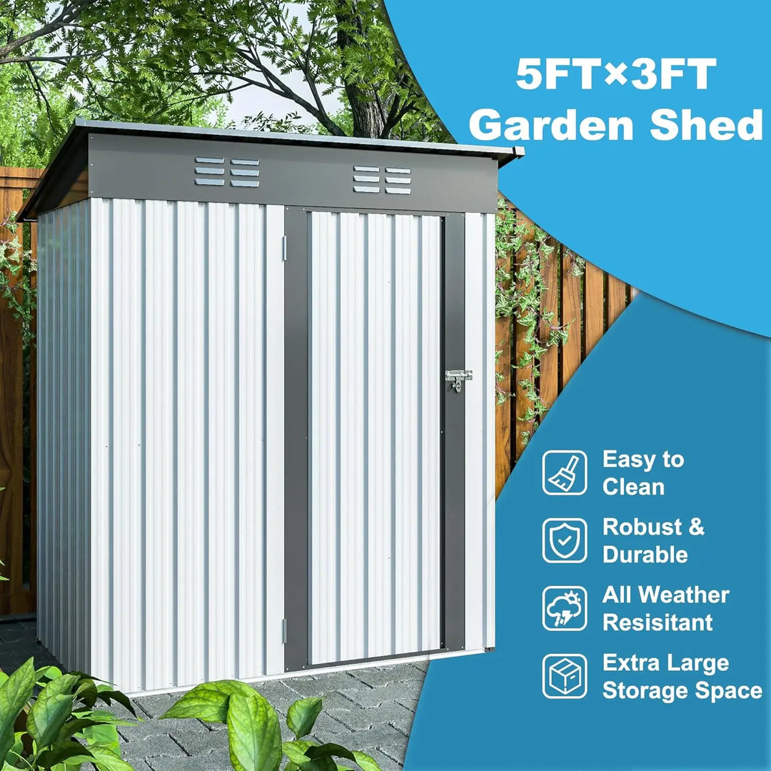 5 x 3FT Outdoor Storage Shed, Hinged Lockable Door, Padlock & Punched Vents, Metal Shed Storage House, Tool Sheds for Garden