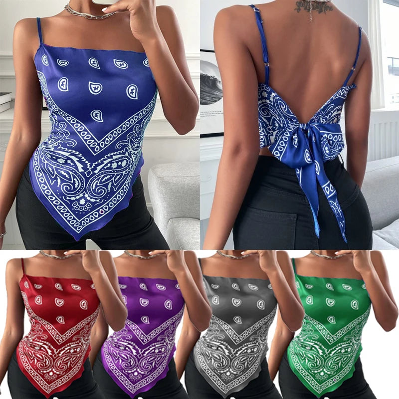 Summer Sleeveless Print Vest Bowknot Backless Camisole Streetwear Skinny Camis Tank Top Casual Female Short Vest Women Tops