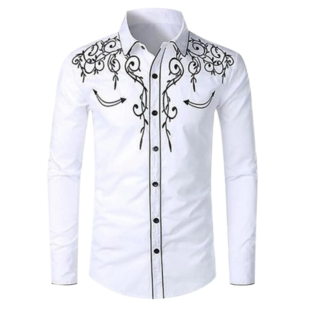 Stylish Western Cowboy Shirt Men Brand Design Embroidery Slim Fit Casual Long Sleeve Shirts Mens Wedding Party Shirt for Male