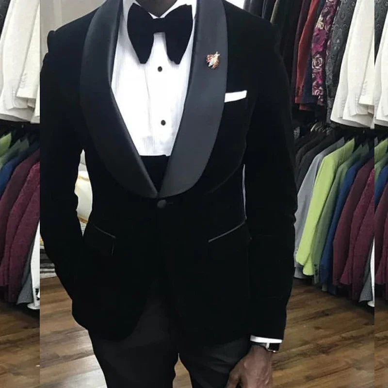 Black Velvet Wedding Tuxedo 3 Pcs African Men Suits for Prom Slim Fit Groom Male Fashion Costume Jacket Waistcoat with Pants