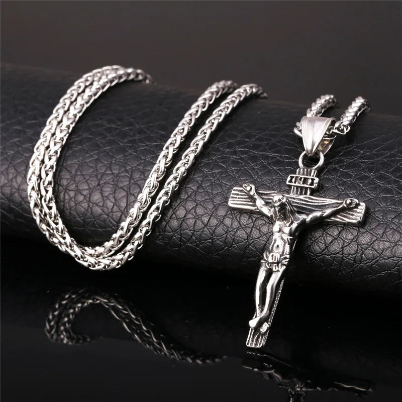 Catholic Retro Golden and Silver Color Cross Pendant Necklace Men and Women Fashion Jewelry Jesus Christ Long Chain Necklaces