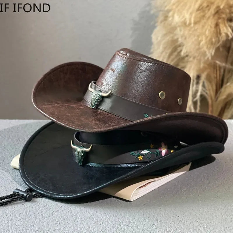 Fashion Cow Head Decorate Western Cowboy Hat Faux Leather Vintage Gentleman Jazz Hats For Men Panama Cowgirl Hat