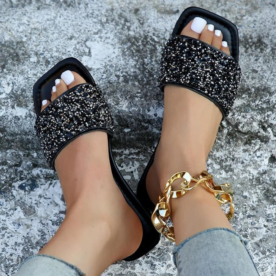 Women's Single Band Flats Sandals Sequin Glamorous Rhinestone Decor Bling Slides Outdoor Fashion Summer Sexy Beach Casual Shoes