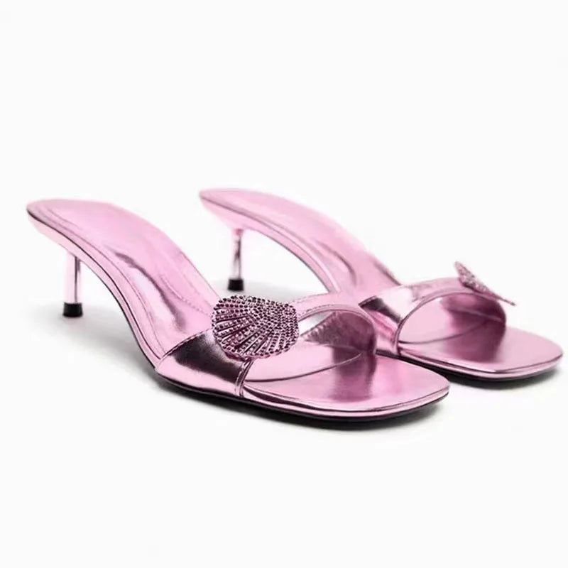 TRAF Pink Women's Sandals Rhinestone Square Head Cat Heel Sandals 2023 Summer Elegant Women Heeled Shoes Stiletto Lady Slippers