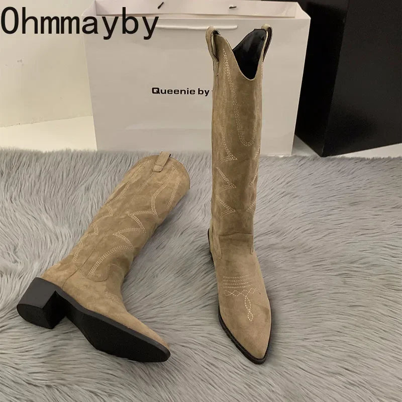 Women Cowboy Boots Fashion Square Low Heel Ladies Elegant Slip On Long Booties Winter Pointed Toe Women's Footwear