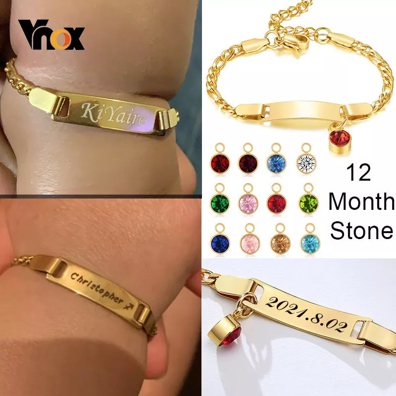 Vnox Customizable Bracelets for Newborns Baby, Engrave Name Date Stainless Steel Bangle with 12 Birth Stone Charm,Girls Boy Gift