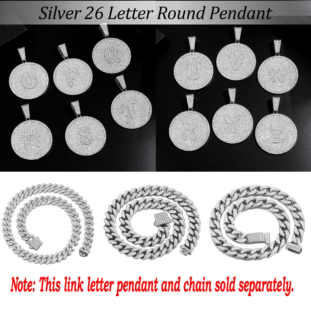 New A-Z Letters Round Pendant Necklaces Men Women Iced Out 14MM Prong Cuban Chain Hiphop Necklace Fashion Charm Jewelry