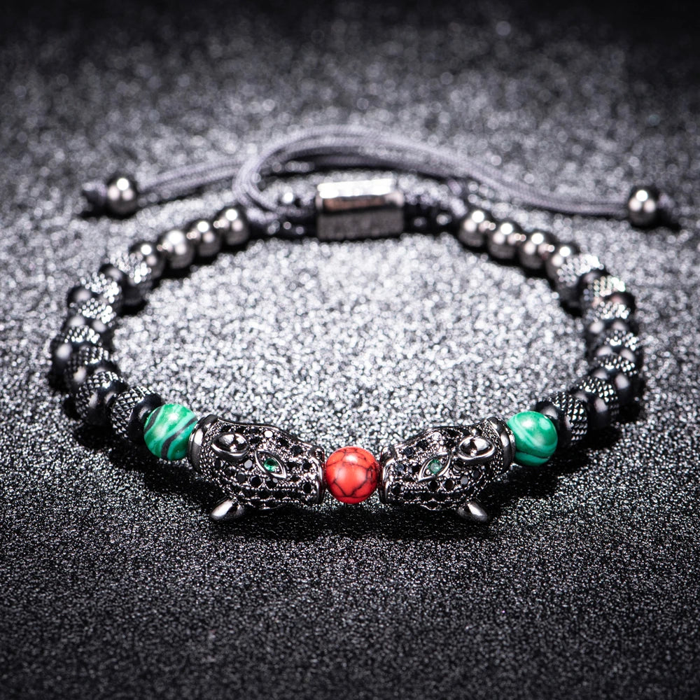 New Trend Braiding Pave CZ Double Leopard Head Enamel Green Red Bracelet Stainless Steel Men Jewelry  pulseras mujer