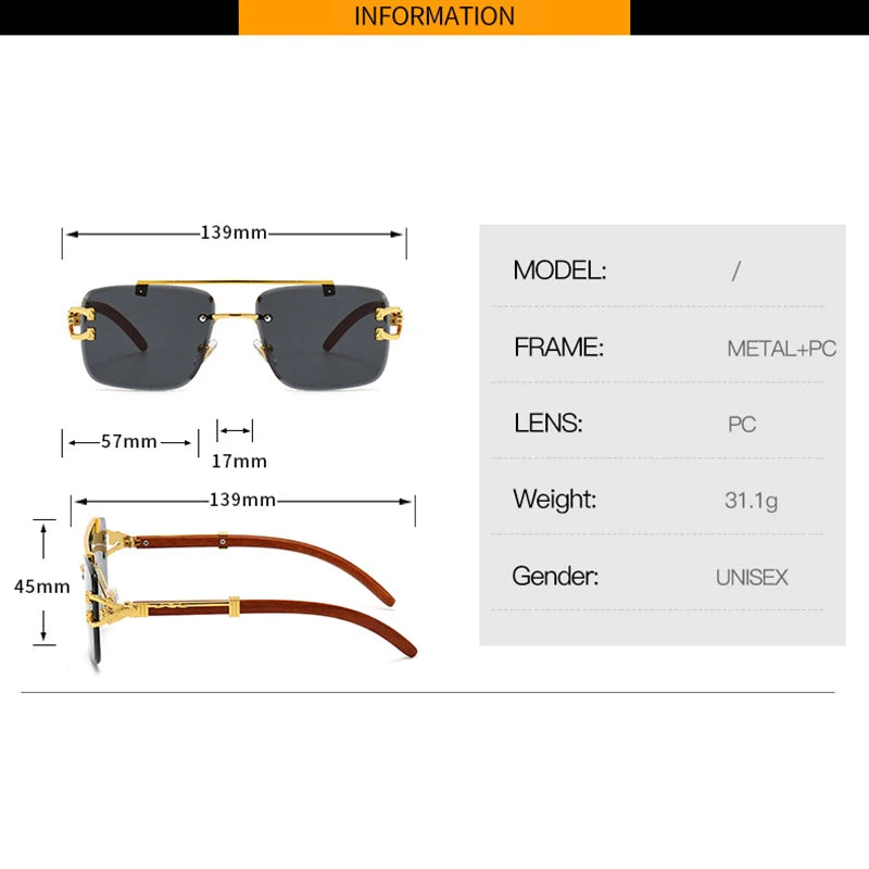 Classic Vintage Rimless Square Leopard Head Sunglasses Women Men Fashion Luxury Brand Designer Travel Wooden Metal Sun Glasses