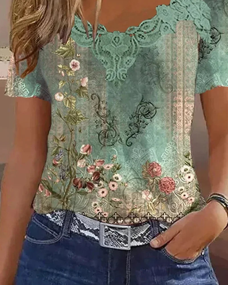 Floral Tribal Print Cold Shoulder Top Women Short Sleeve Summer Spring T Shirt Tops Blouse V Neck