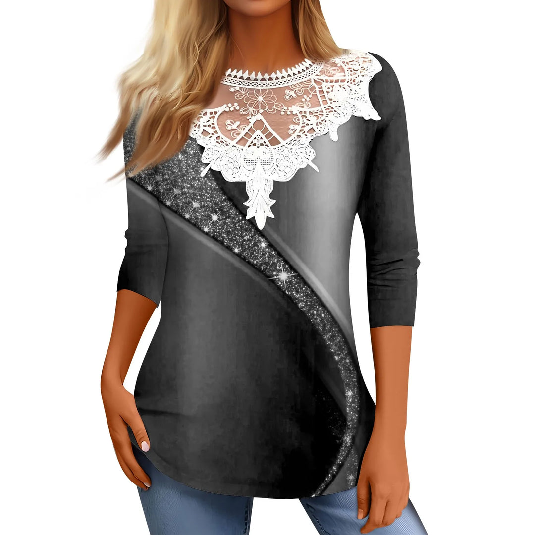 Women's Lace Stitched T-shirt Long Sleeve Tunic Loose Tops Casual Retro Gradient Print Lace T-shirt Street Tops 2024 New