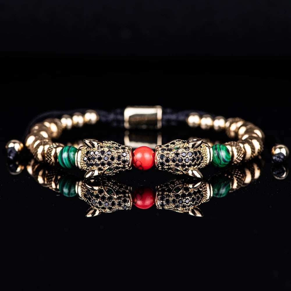 New Trend Braiding Pave CZ Double Leopard Head Enamel Green Red Bracelet Stainless Steel Men Jewelry  pulseras mujer