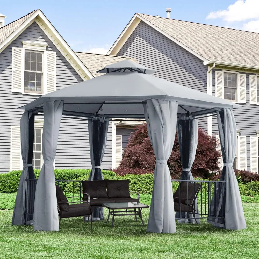 13' x 13' Patio Gazebo, Double Roof Hexagon Outdoor Gazebo Canopy Shelter with Netting & Curtains, Solid Steel Frame for Garden