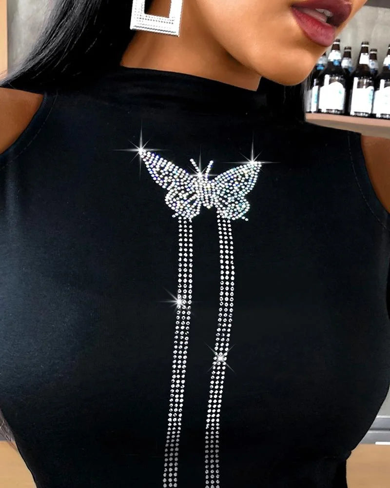 2022 Womens Fashion Sexy Diamonds Butterfly Print T-sh Femme Cold Shoulder Butterfly Slim Pattern Studded Tops Slim Loose Shirt