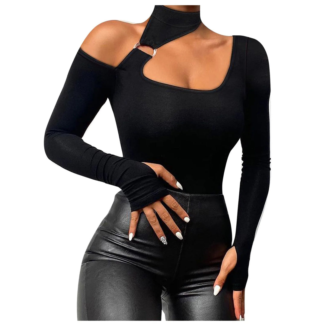 Women'S Long Sleeve Tops Slim Fit Black Splicing Lace Cold Shoulder Sexy T Shirt Casual Fashion All-Match Daily Bottom Shirt