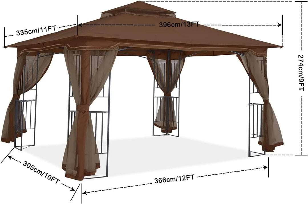 MASTERCANOPY Patio Outdoor Gazebo with Netting Screen Walls and Corner Shelf Design (11x13,Brown)