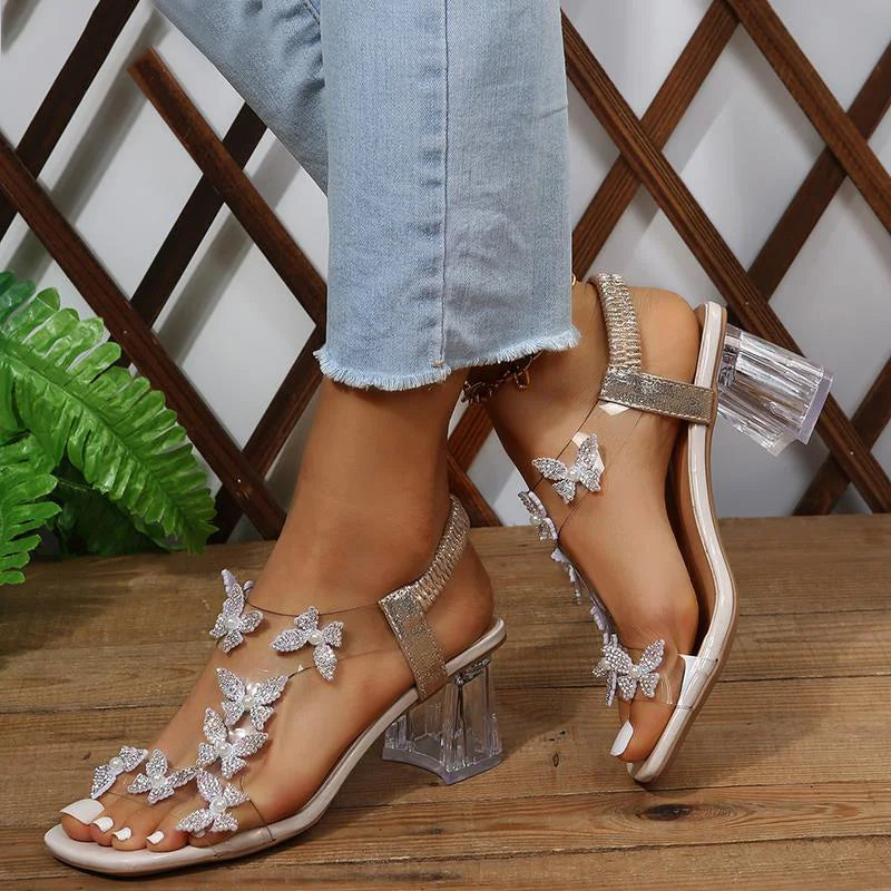 Women's Faux Rhinestone Floral Decor Chunky Heeled Sandals Summer New Transparent T-strap Ladies Sandals Clear Heel Party Heels