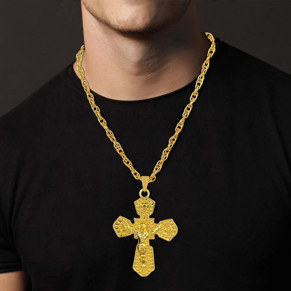 Fashion 18K Golden Plated Hip Hop Rock Necklace for Men Stainless Steel Religious Cross Pendant Necklace Mens Women Jewellery