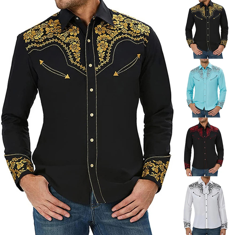 Fashion Men's Vintage Print Shirts And Blouses Western Long Sleeve Casual Baggy Single Breasted Streetwear Shirt Tops Clothing