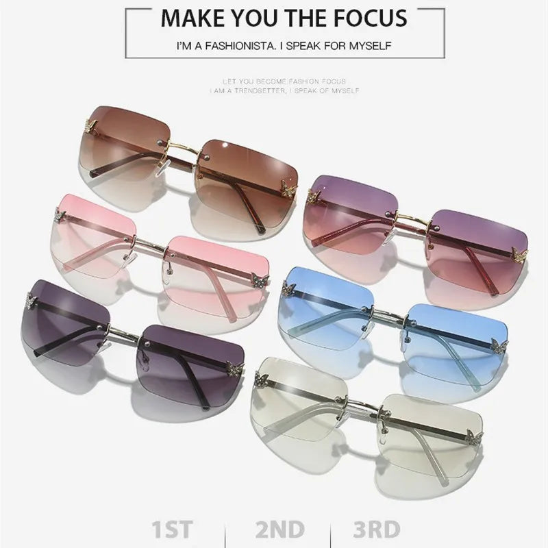 Fashion Vintage Rimless Square Sunglasses Women Men Luxury Brand Designer Popular Travel Driving Metal Leopard Head Sun Glasses