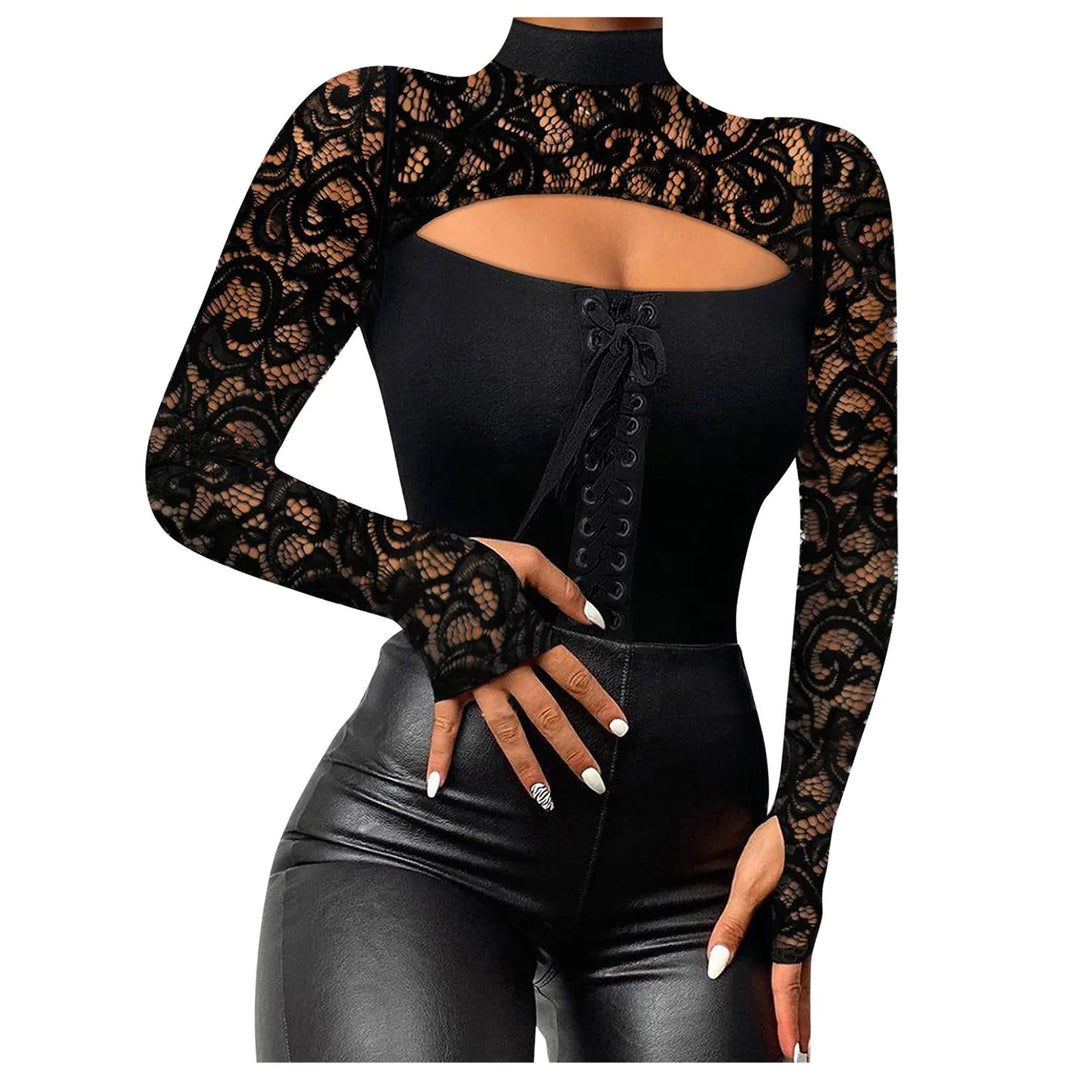 Women'S Long Sleeve Tops Slim Fit Black Splicing Lace Cold Shoulder Sexy T Shirt Casual Fashion All-Match Daily Bottom Shirt