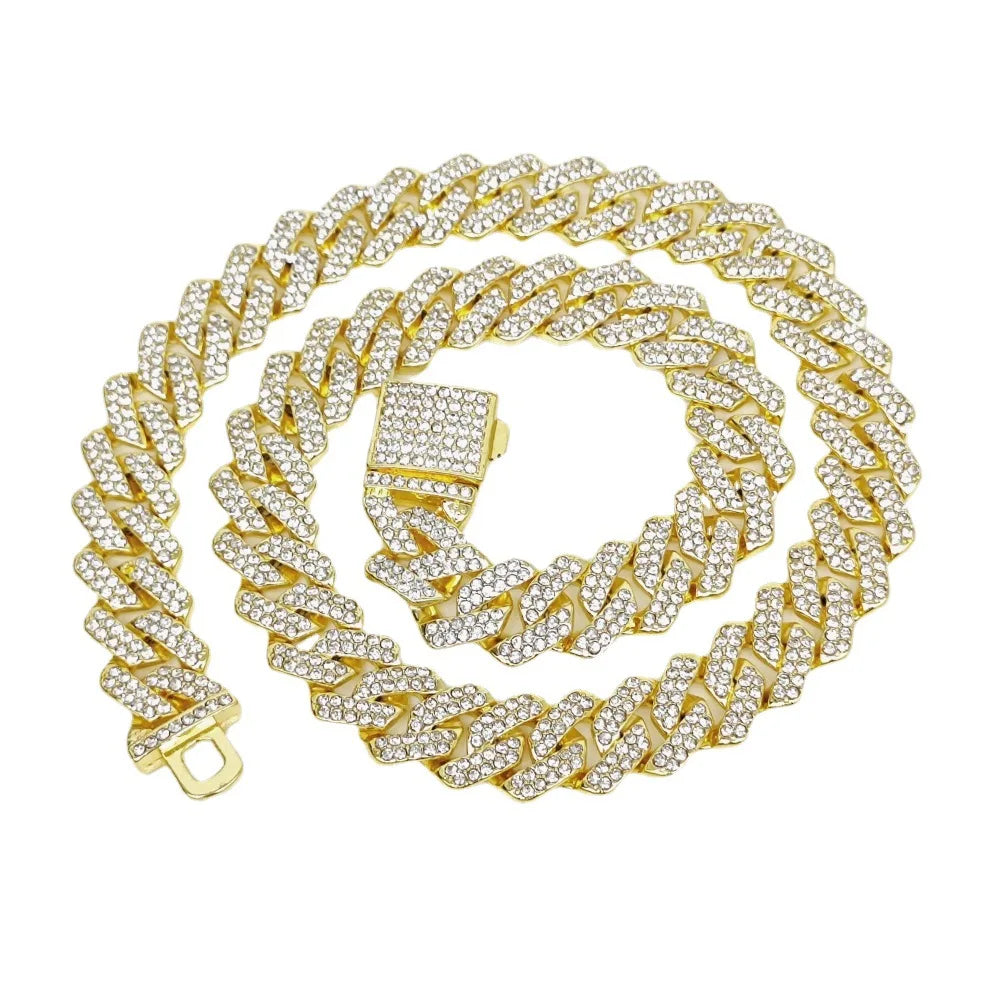 HipHop Men Women 14MM Prong Cuban Link Chain Necklace Bling Iced Out 2 Row Rhinestone Paved Miami Rhombus Cuban Bracelet Jewelry