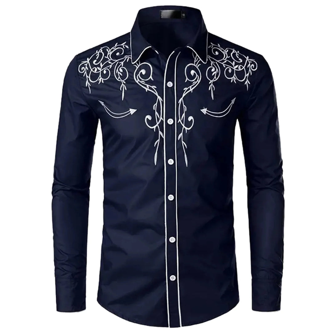 Stylish Western Cowboy Shirt Men Brand Design Embroidery Slim Fit Casual Long Sleeve Shirts Mens Wedding Party Shirt for Male