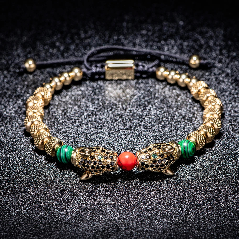 New Trend Braiding Pave CZ Double Leopard Head Enamel Green Red Bracelet Stainless Steel Men Jewelry  pulseras mujer