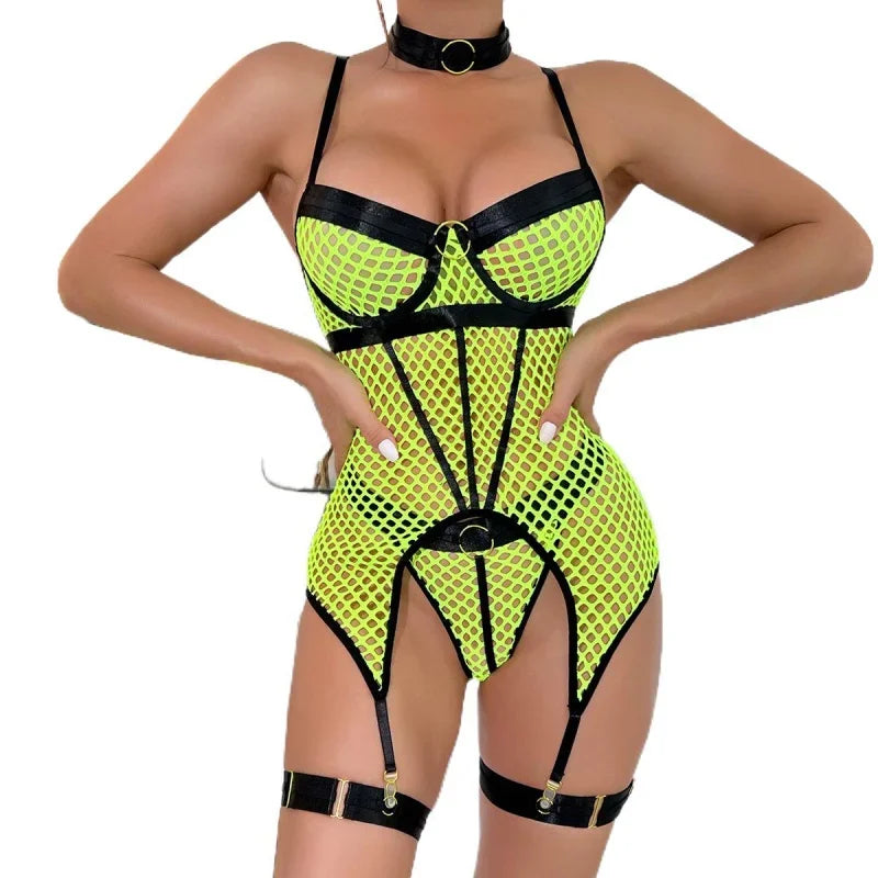 Bikini Fashion Sexy Skirt 3-Piece Set Large Mesh Stitching with Steel Ring Halter Leg Ring Underwear