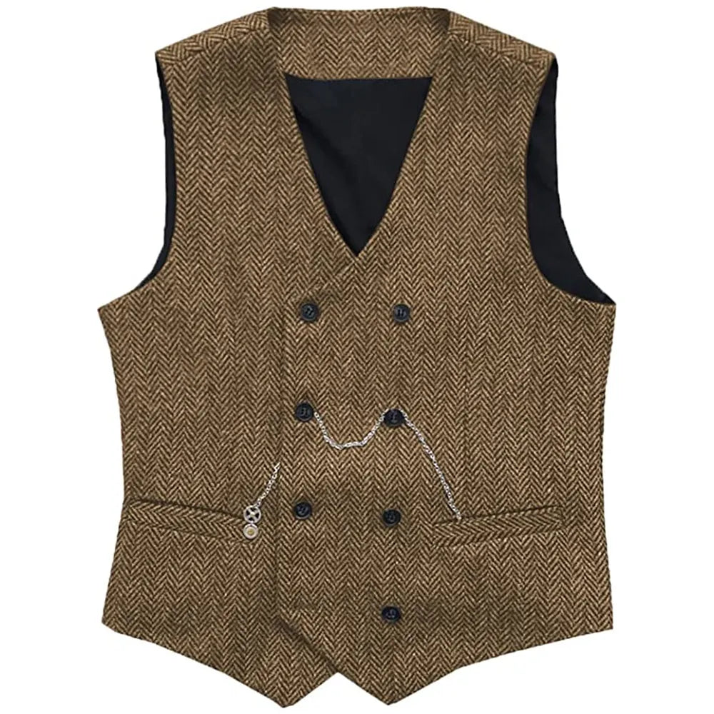 V Neck Men's  Suit Vests Herringbone Wool Tweed Double Breasted Waistcoat Tuxedo Groomsmen For  Wedding