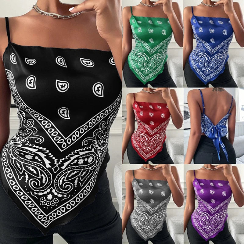 Spice Girls Sexy Multi-Colored Summer Plus-Size Sleeveless Vest With Bow And Paisley Print Silk Handkerchief Style Design