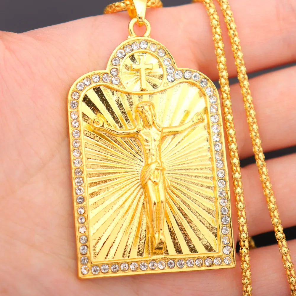 New Shiny Golden Men and Women Hip-Hop Jesus Cross Necklace Religious Pendant Necklace Banquet Party Souvenir Gift Wholesale