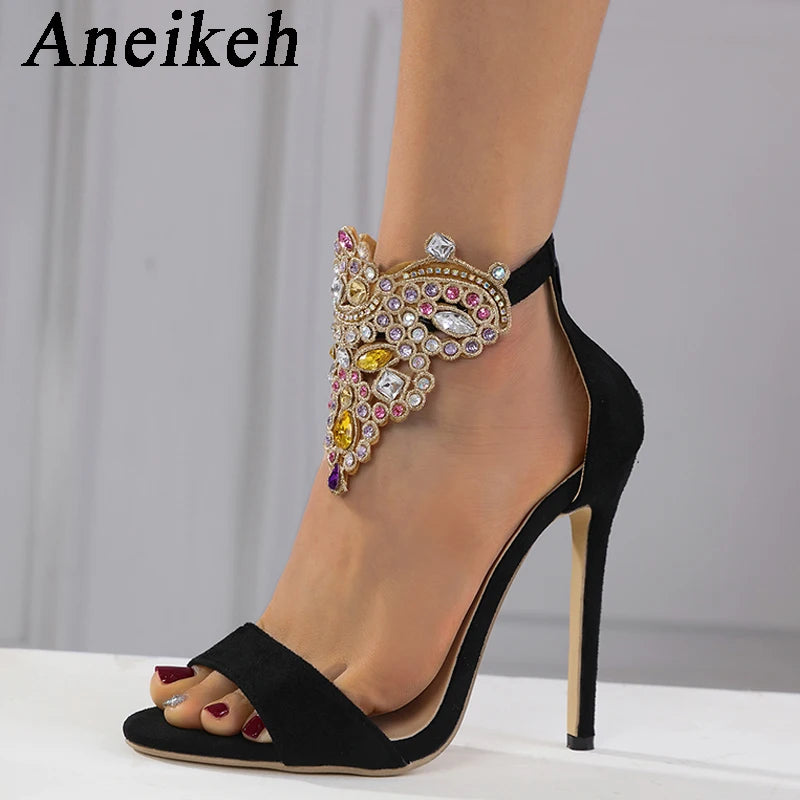 Aneikeh 2024 Elegant Classic  Rhinestone Decoration High Heels Women's Pointed Open Toe Cover Heel Zipper Sandals Party Dress