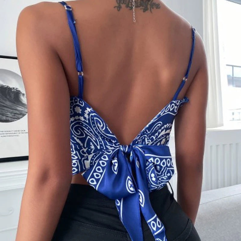 Summer Sleeveless Print Vest Bowknot Backless Camisole Streetwear Skinny Camis Tank Top Casual Female Short Vest Women Tops